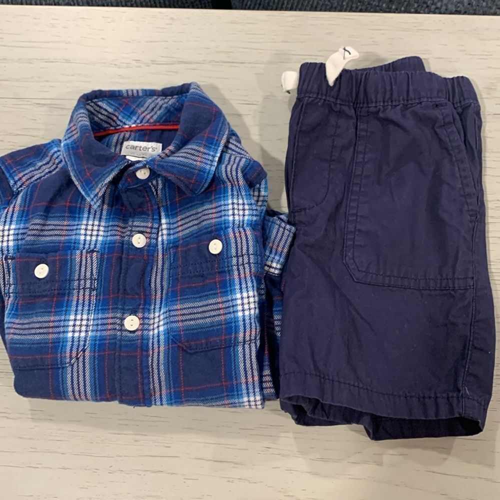 Carter's Kids Plaid Button Down Shirt - Blue and Red and Shorts